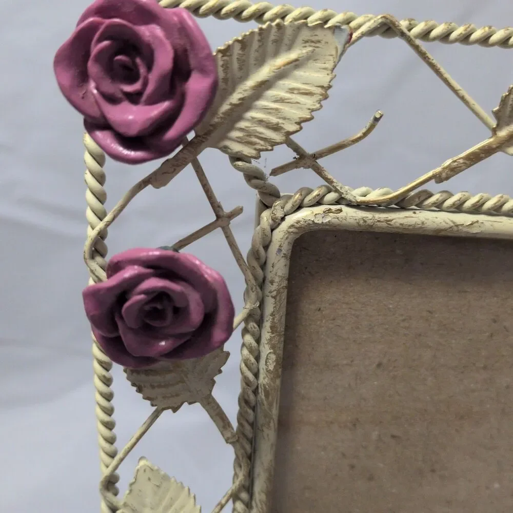 Vintage Shabby Chic Cream Metal Wire Picture Frame Pink Roses Leaf Lattice 5x7